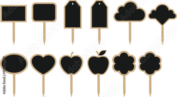 Fototapeta Set of Plant Marker Chalkboard Signs Vector Illustrations, Featuring Various Shapes like Apple, Heart, and Cloud for Gardening Labels, Tags, and Price Tags.