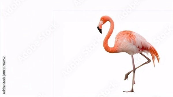 Obraz Pink flamingo standing on one leg isolated on white background
