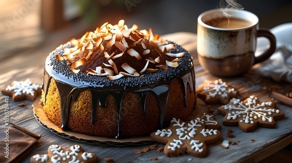 Obraz A Japanese poppy seed cake with a rich, velvety chocolate glaze, topped with a generous sprinkle of toasted coconut flakes, and decorated with intricately designed homemade gingerbread cookies