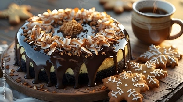 Obraz A Japanese poppy seed cake with a rich, velvety chocolate glaze, topped with a generous sprinkle of toasted coconut flakes, and decorated with intricately designed homemade gingerbread cookies