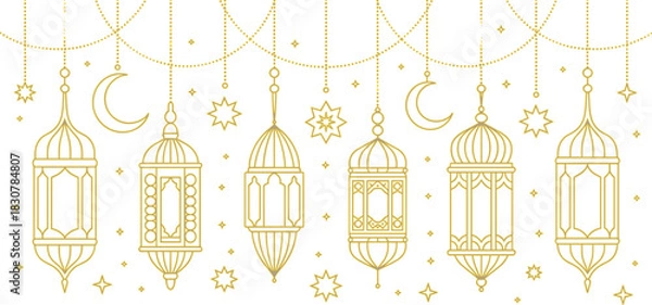 Fototapeta Elegant Islamic Lantern Vector Line Art Illustration Set with Hanging Crescent Moons and Stars for Traditional Ramadan and Eid Celebration Decoration Banners.