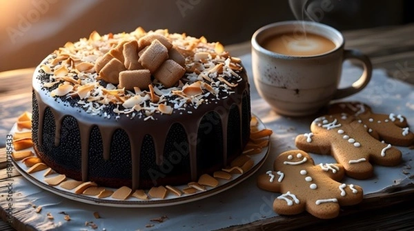 Obraz A Japanese poppy seed cake with a rich, velvety chocolate glaze, topped with a generous sprinkle of toasted coconut flakes, and decorated with intricately designed homemade gingerbread cookies
