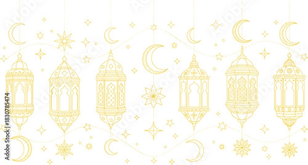 Fototapeta Intricate Islamic Lantern Border Vector Line Art Illustration with Repeating Crescent Moons, Stars, and Garlands for Ramadan and Eid Decoration Banners.