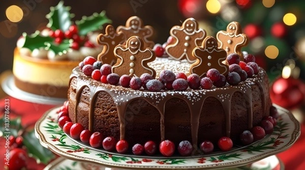 Obraz A richly moist Christmas cake decorated with intricately designed gingerbread cookies, sugared cranberries, and a sprinkle of powdered sugar
