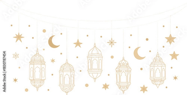 Fototapeta Elegant Islamic Lantern Vector Line Art Illustration Set with Hanging Stars, Crescent Moons, and Subtle Dots for Ramadan, Eid, and Holy Night Decorations.