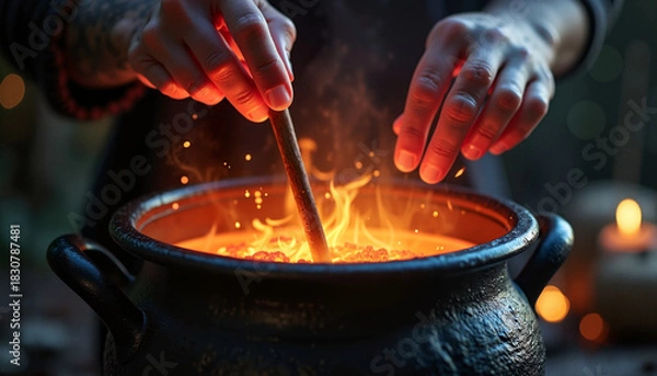 Obraz Hands stirring cauldron with flames in mystical setting
