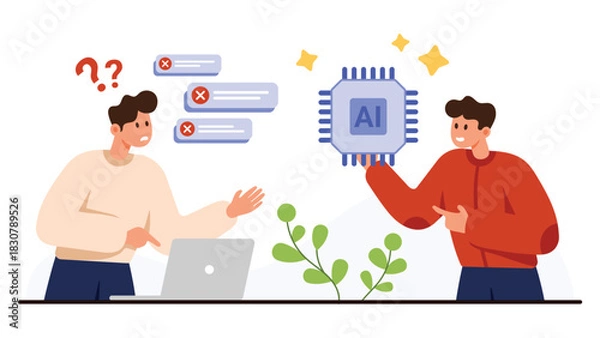 Fototapeta Two people discuss AI solutions for troubleshooting computer issues, highlighting artificial intelligence adoption and problem solving in technology, isolated on white background vector illustration