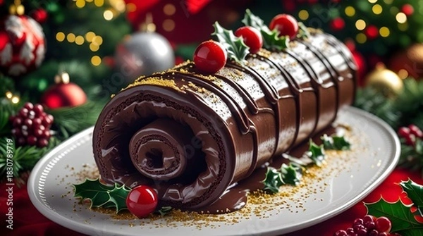 Obraz A traditional Yule log roll cake, adorned with rich, velvety chocolate ganache, placed on a vibrant Christmas decorated background