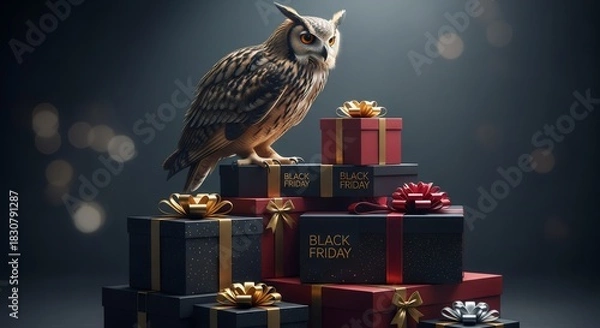 Fototapeta Owl standing on black and red gift box stack. Black Friday sale event concept with discount and promotion display. Holiday shopping.