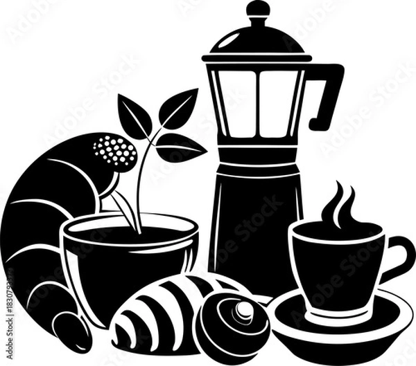 Obraz Espresso and croissant breakfast scene, vector style silhouette vector black , white background