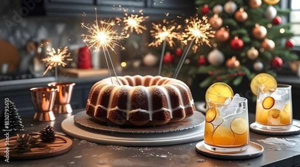 Obraz Christmas Day festive homemade bundt cake with sparklers and winter ice refreshing citrus cocktails in copper goblets on kitchen counter.