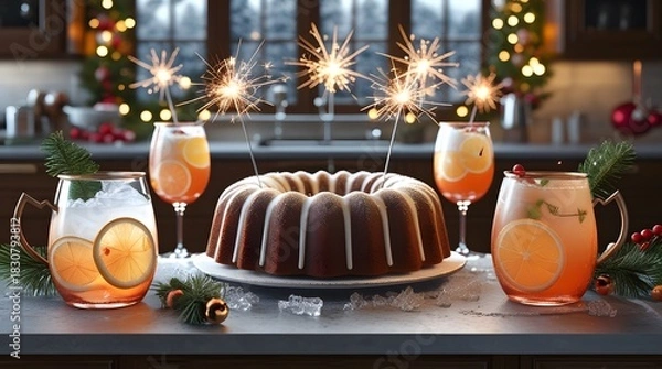 Obraz Christmas Day festive homemade bundt cake with sparklers and winter ice refreshing citrus cocktails in copper goblets on kitchen counter.