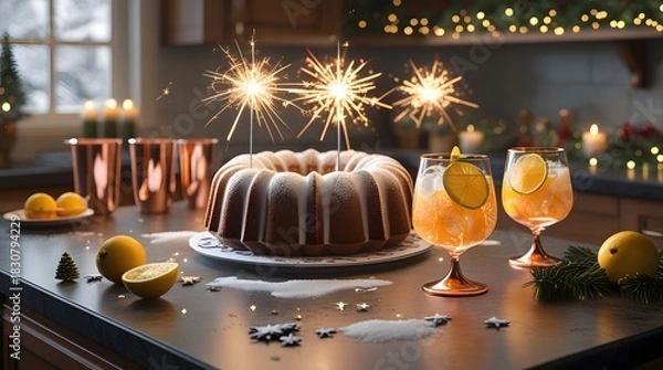 Obraz Christmas Day festive homemade bundt cake with sparklers and winter ice refreshing citrus cocktails in copper goblets on kitchen counter.