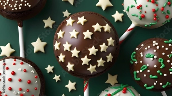 Obraz Marry Christmas sweet cake pops. Christmas dessert round brownie cake pops with stars topping on dark green background.