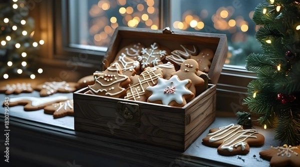 Obraz Assortment of gingerbread cookies with icing in a vintage wooden box on a window sill with atmospheric lights