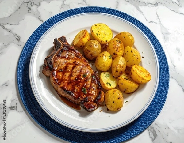 Obraz Grilled pork chop with roasted potatoes, plate