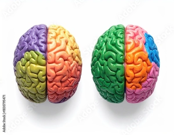Obraz Two brain models with colorful sections, top view
