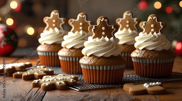 Obraz Moist and freshly baked gingerbread cupcakes with swirls of creamy white cream cheese frosting, topped with crunchy gingerbread cookies cut into festive holiday shapes