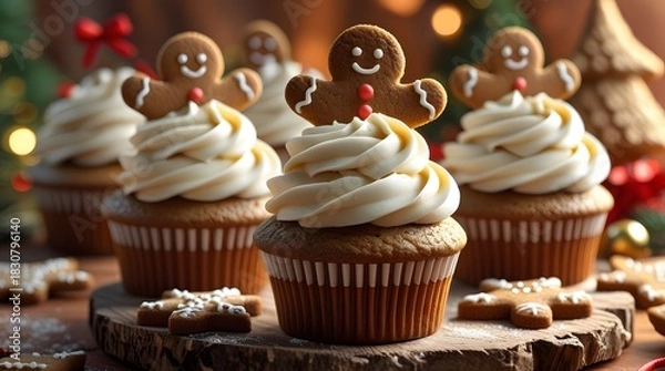 Obraz Moist and freshly baked gingerbread cupcakes with swirls of creamy white cream cheese frosting, topped with crunchy gingerbread cookies cut into festive holiday shapes