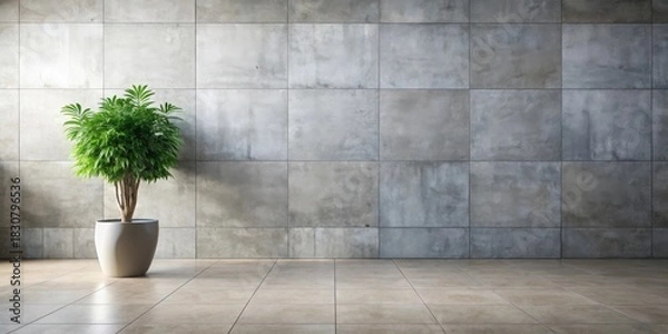 Obraz A lush green potted plant stands elegantly against a modern grey tiled wall, showcasing a minimalist interior design concept in a spacious room with a neutral color palette.