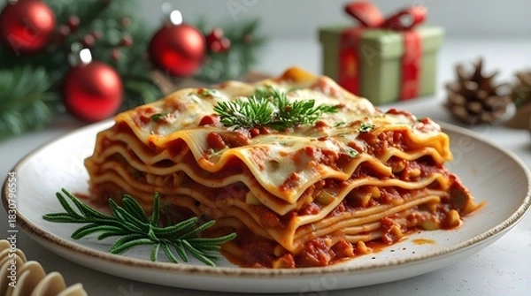 Obraz Piece of tasty hot lasagna on christmas background. 