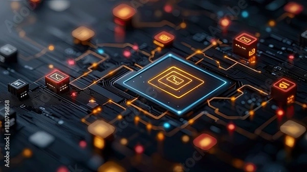 Fototapeta Close-up of a futuristic circuit board with glowing orange and blue elements. The image represents modern technology and data processing.