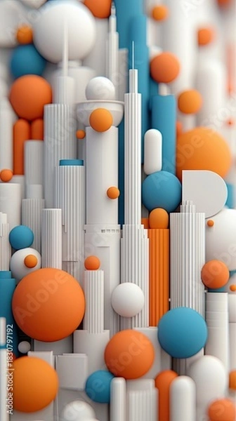 Fototapeta An abstract cityscape composed of white, orange, and blue geometric shapes, including spheres and cylinders, creating a modern design.