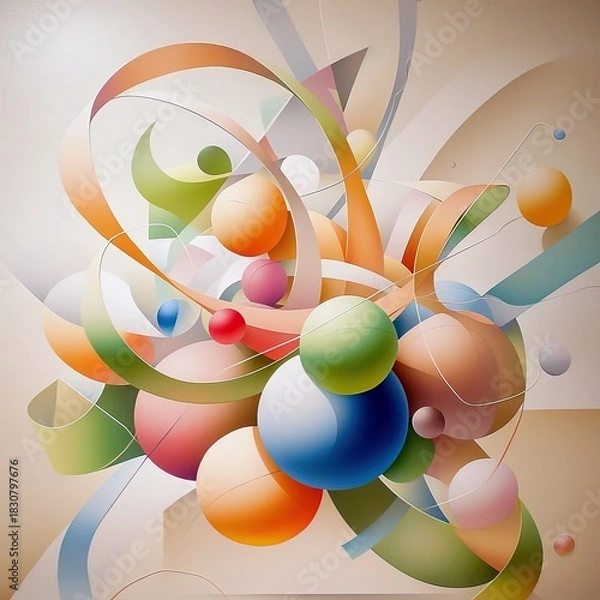 Fototapeta An abstract artwork featuring a dynamic arrangement of colorful spheres, ribbons, and geometric shapes, creating a modern and visually appealing composition.