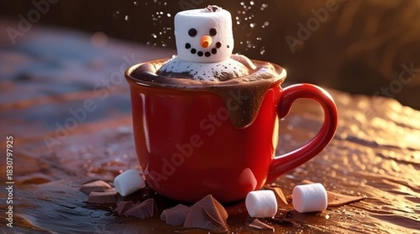Obraz A bright red ceramic mug filled with rich, creamy hot chocolate, topped with a melted marshmallow snowman