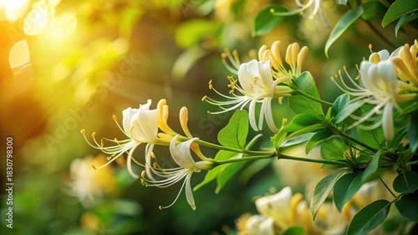 Obraz Golden hour sunlight illuminates delicate white blossoms and vibrant green foliage of a flowering plant.