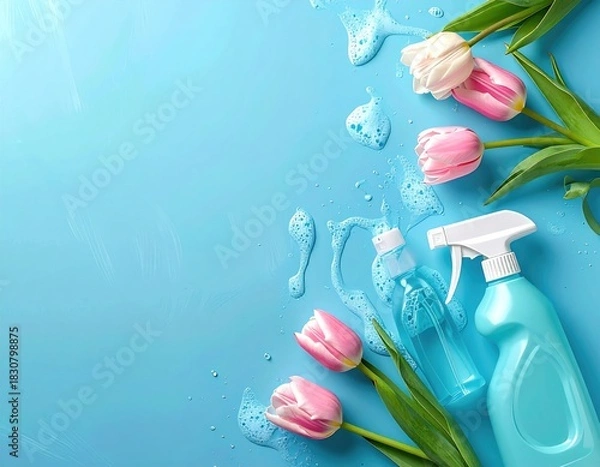 Obraz Tulips, spray, & foam on blue backdrop, copy space