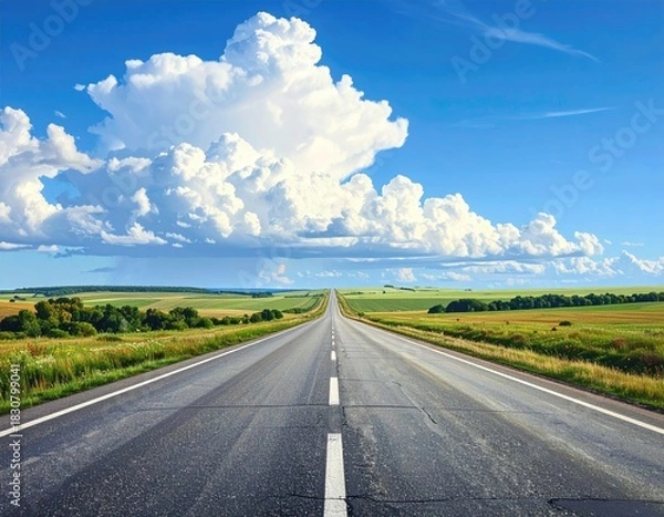 Obraz Endless asphalt road under bright sky with puffy cloud