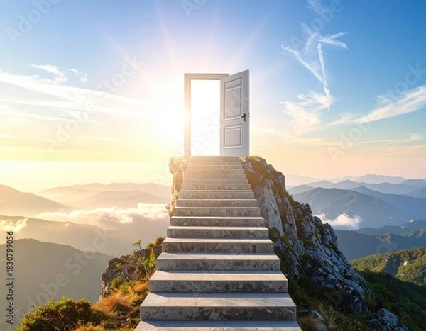 Obraz Steps to door on peak; bright light