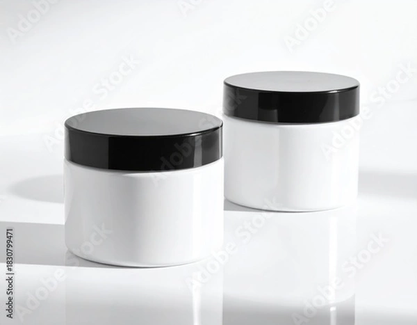 Obraz Two glossy white jars with black lids on a white background