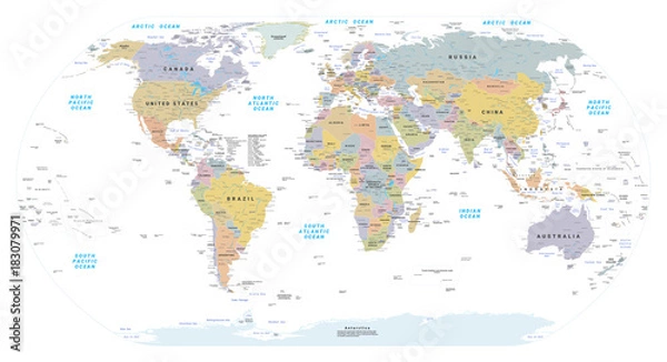 Fototapeta Bardzo szczegółowa polityczna mapa świata. Wektor EPS 10