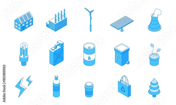 Fototapeta Outline isometric ecology icons. Eco lifestyle, alternative power. Green energy, solar panel, clean oil and recycling. Global warming problems solve, nifty vector set
