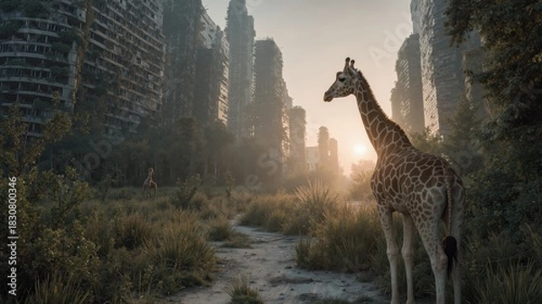 Fototapeta Giraffes are an overgrown urban ruinscape at sunset, exploring nature's reclamation of abandoned city buildings