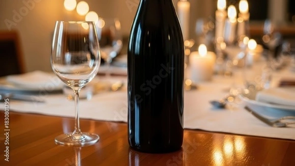 Obraz Wine bottle and glass on dining table