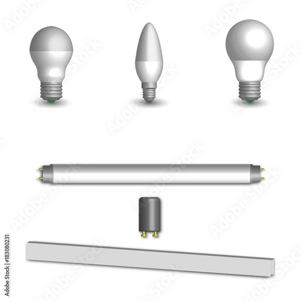 Fototapeta Set of different LED and fluorescent light bulbs in 3D, vector illustration.