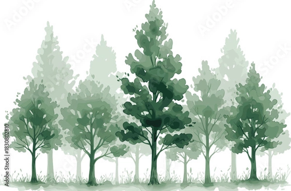 Obraz Lush green forest landscape illustration featuring layered trees, natural foliage, botanical silhouettes, and serene woodland scenery in detailed artistic vector design