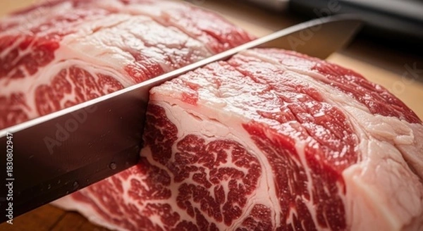 Fototapeta Closeup of a sharp knife slicing through a marbled cut of raw red beef