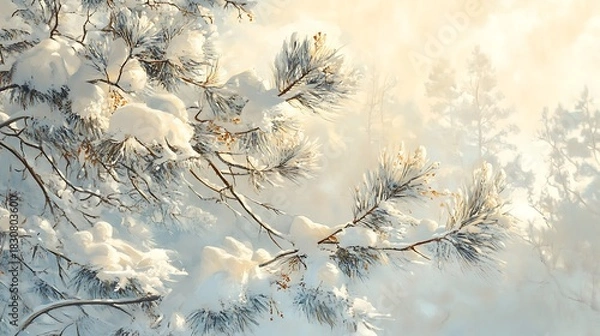Obraz Pine branches under snow with soft morning light behind
