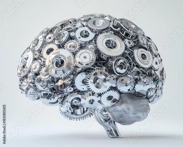 Obraz An ultradetailed human brain constructed entirely from metallic gears