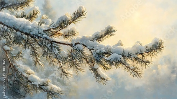 Obraz Pine branches under snow with soft morning light behind