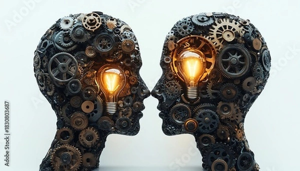 Obraz Two opposing human head silhouettes made entirely from intricate gears
