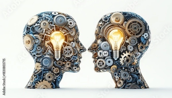 Obraz Two opposing human head silhouettes made entirely from intricate gears