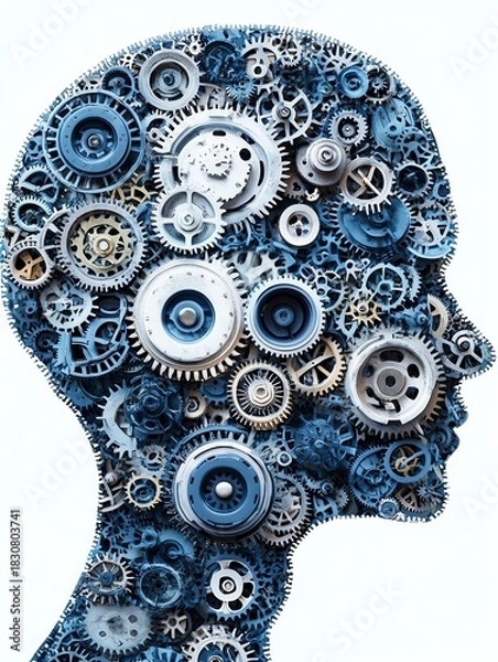 Obraz A clean human head silhouette filled with intricate interlocking gears and cogwheels