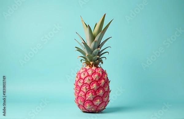 Obraz minimalist still life juicy pink pineapple isolated soft blue pastel background warm natural light shallow depth