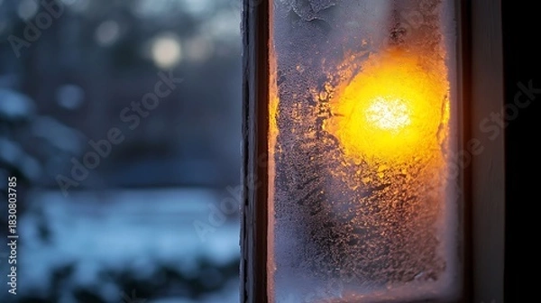 Obraz Frosted glass with warm indoor glow in wintery evening