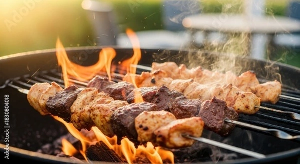 Fototapeta Delicious chicken and beef skewers grilling over open flames on a barbecue